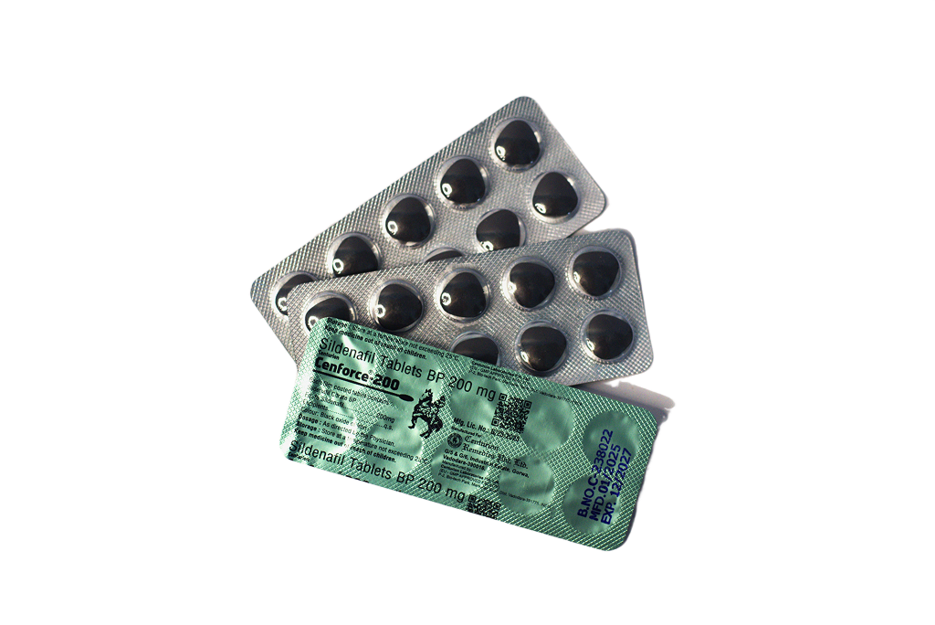 Cenforce 200 mg – blisteri sa crnim film tabletama i deklaracijom na poleđini.
