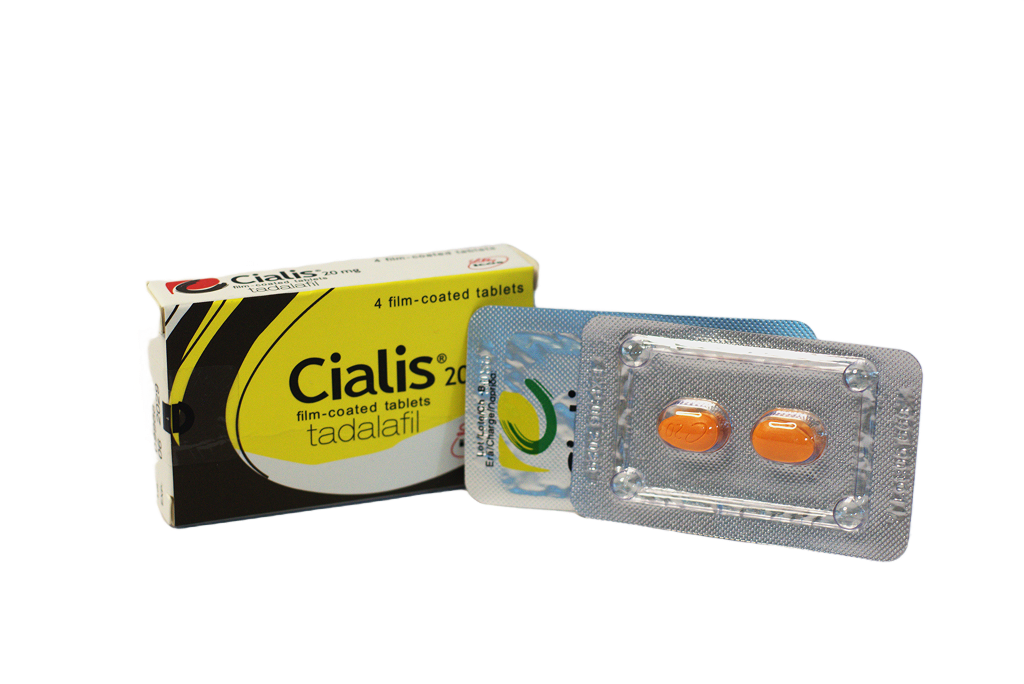 Cialis 20 mg – kutija pored blistera sa narandžastim tabletama tadalafila.