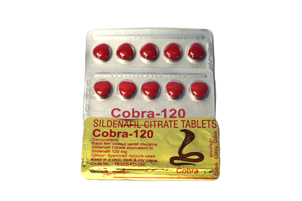 Cobra 120 – blister sa deset crvenih tableta i zlatna deklaracija ispod.