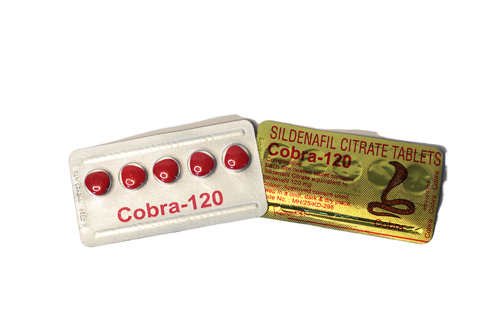 Cobra 120 – blister sa crvenim tabletama i zlatna foil sa logom kobre.