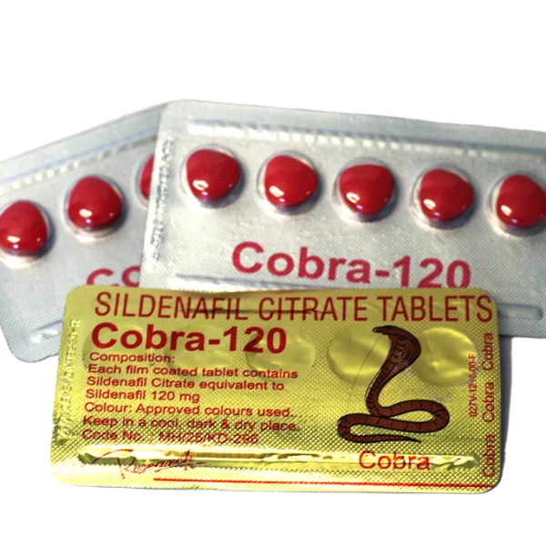 Cobra 120 – blisteri sa crvenim tabletama i zlatnom deklaracijom sildenafil 120 mg.