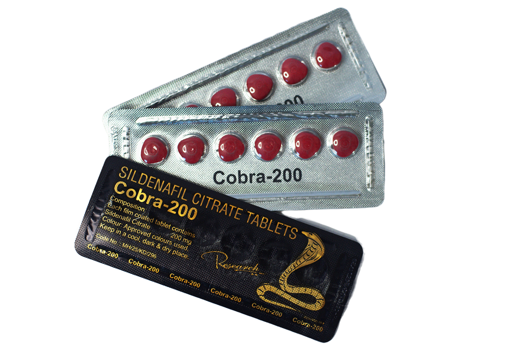Cobra 200 – blisteri sa crvenim tabletama i crna foil sa zlatnim crtežom kobre.
