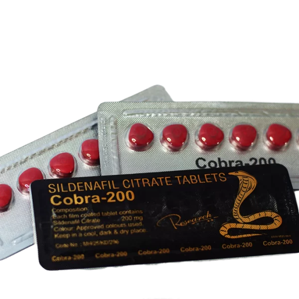 Cobra 200 – blisteri sa crvenim tabletama i crnom deklaracijom sildenafil 200 mg.