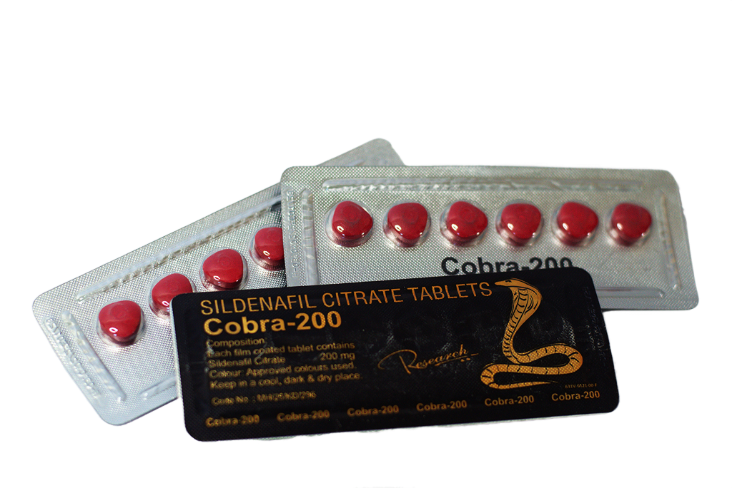 Cobra 200 – blisteri sa crvenim tabletama i crnom deklaracijom sildenafil 200 mg.