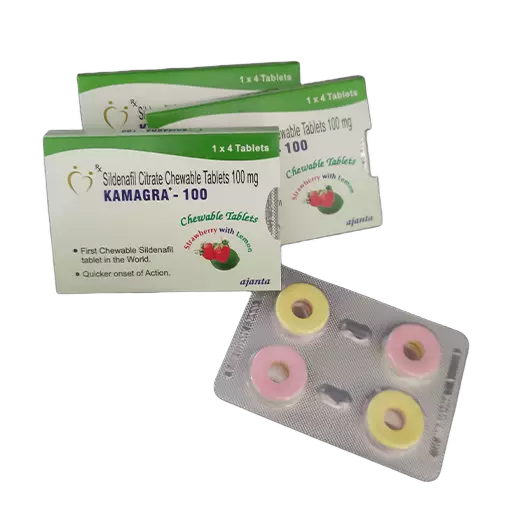 Kamagra Bombone 100 mg – kutije sa blisterom tableta ukusa jagoda sa limunom.