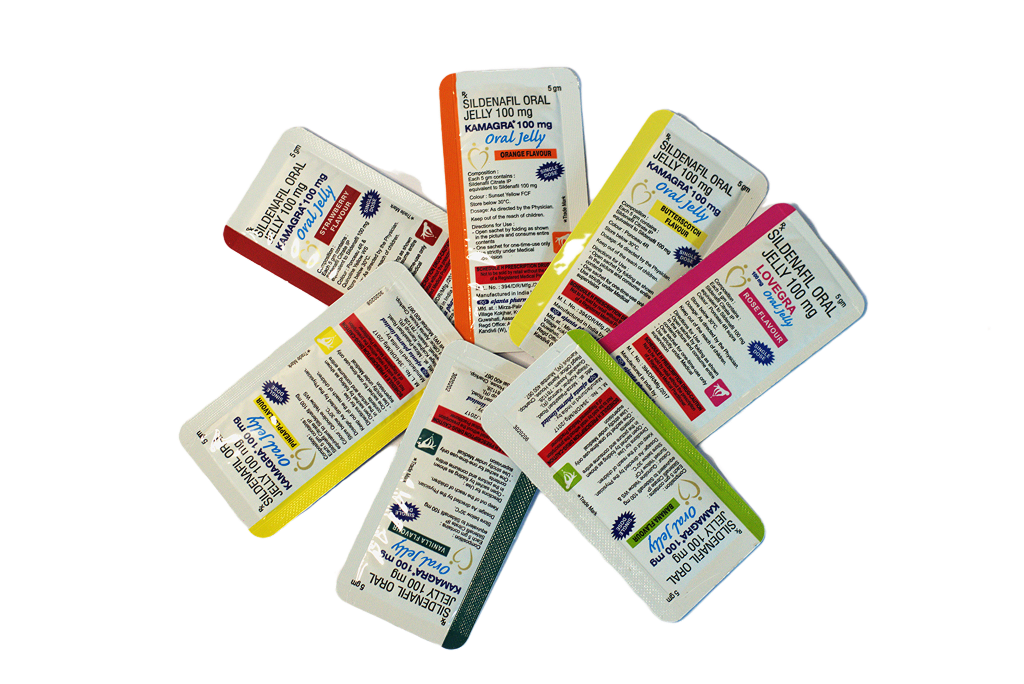 Kesice Kamagra Gel Oral Jelly 100 mg u više ukusa (jagoda, pomorandža, vanila i drugi).