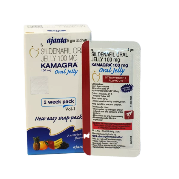 Kamagra Gel Oral Jelly 100 mg – nedeljno pakovanje sa kesicom ukusa jagoda.