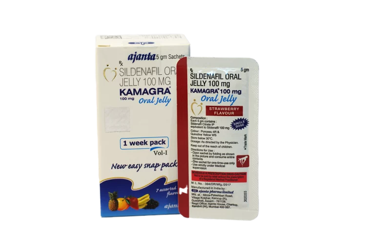 Kamagra Gel Oral Jelly 100 mg – nedeljno pakovanje sa kesicom ukusa jagoda.