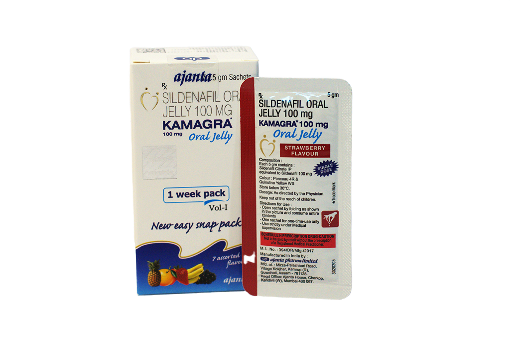 Kamagra Gel Oral Jelly 100 mg – nedeljno pakovanje sa kesicom ukusa jagoda.