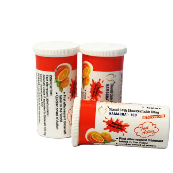 Kamagra šumeće tablete 100 mg – bočice sa etiketom ukusa pomorandže.