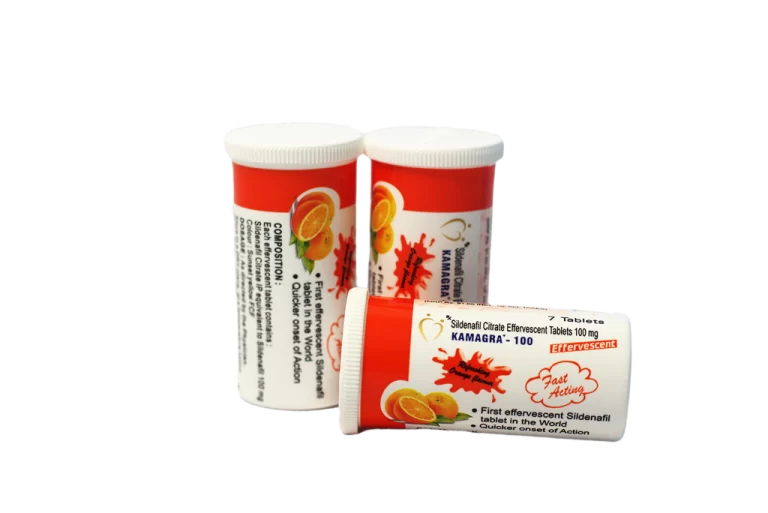 Kamagra šumeće tablete 100 mg – bočice sa etiketom ukusa pomorandže.
