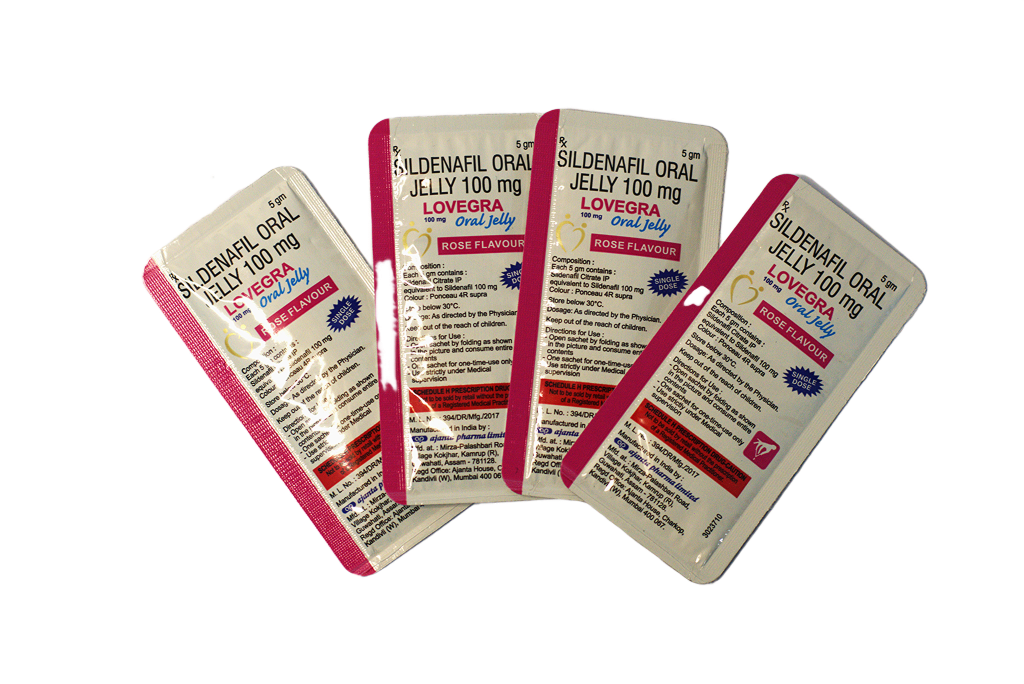 Lovegra – četiri kesice Oral Jelly 100 mg Rose Flavour.