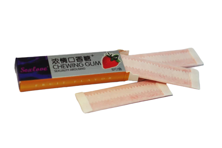 Sexlove žvake – kutija Chewing Gum i žvake pored nje.