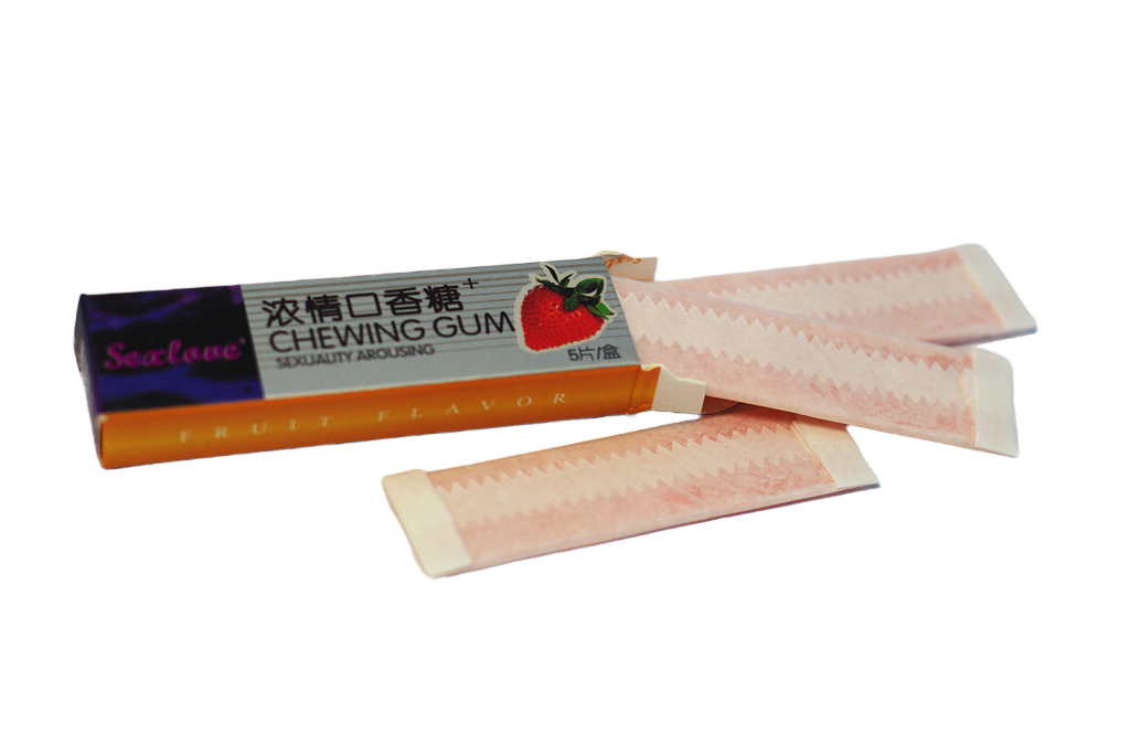 Sexlove žvake – kutija Chewing Gum i žvake pored nje.