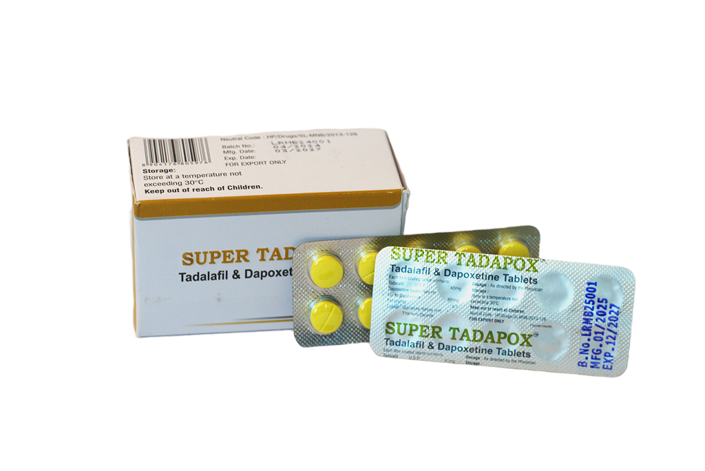 Super Tadapox – kutija sa bočne strane i blisteri sa žutim tabletama.