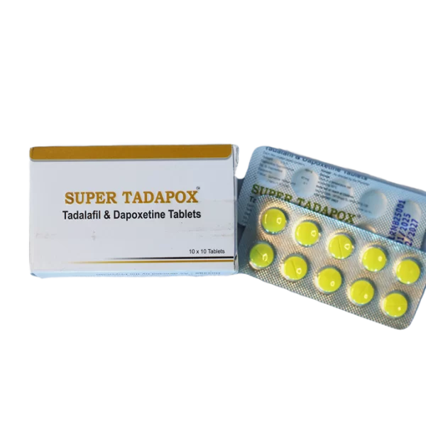 Super Tadapox – kutija 10 x 10 tableta pored blistera sa žutim tabletama.