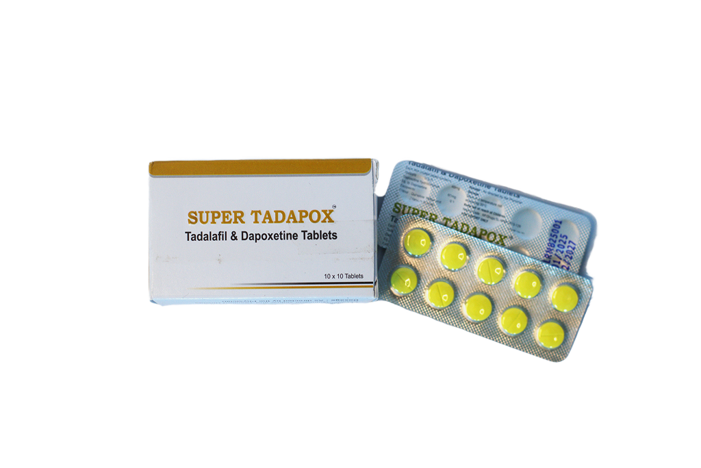 Super Tadapox – kutija 10 x 10 tableta pored blistera sa žutim tabletama.