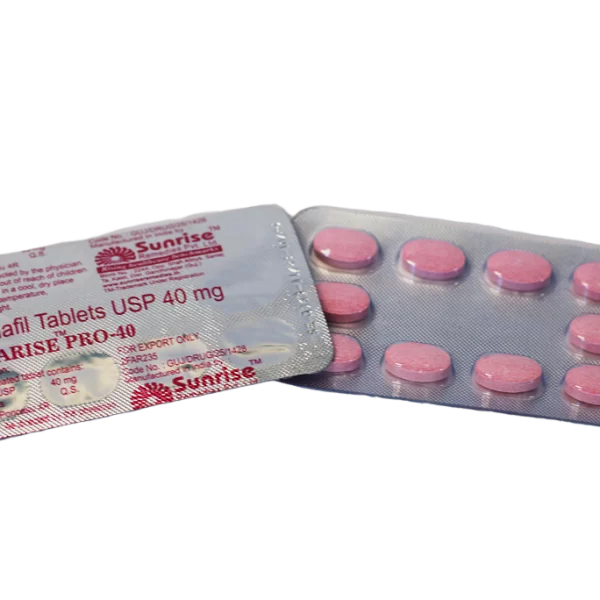 Tadarise Pro 40 – blister sa ružičastim tabletama i deklaracijom Tadalafil Tablets USP 40 mg.