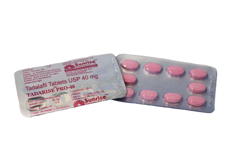 Tadarise Pro 40 – blister sa ružičastim tabletama i deklaracijom Tadalafil Tablets USP 40 mg.