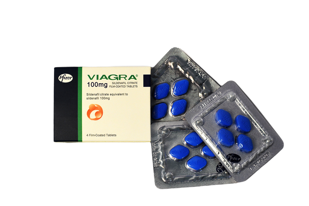Viagra 100 mg – kutija pored blistera sa plavim tabletama sildenafila.