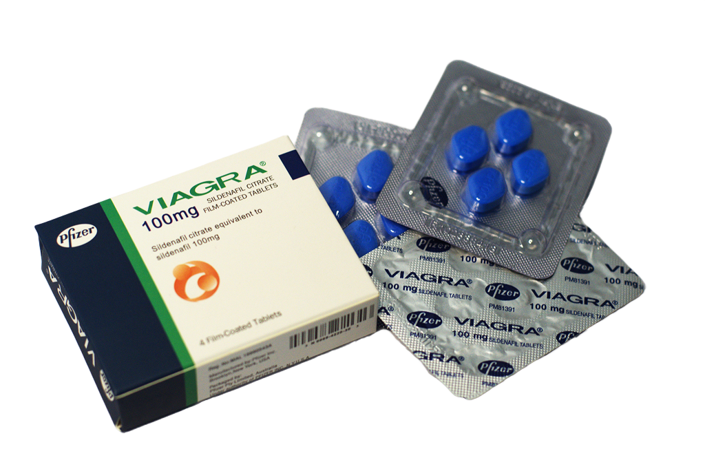 Viagra 100 mg – kutija pod uglom sa blisterima plavih tableta.